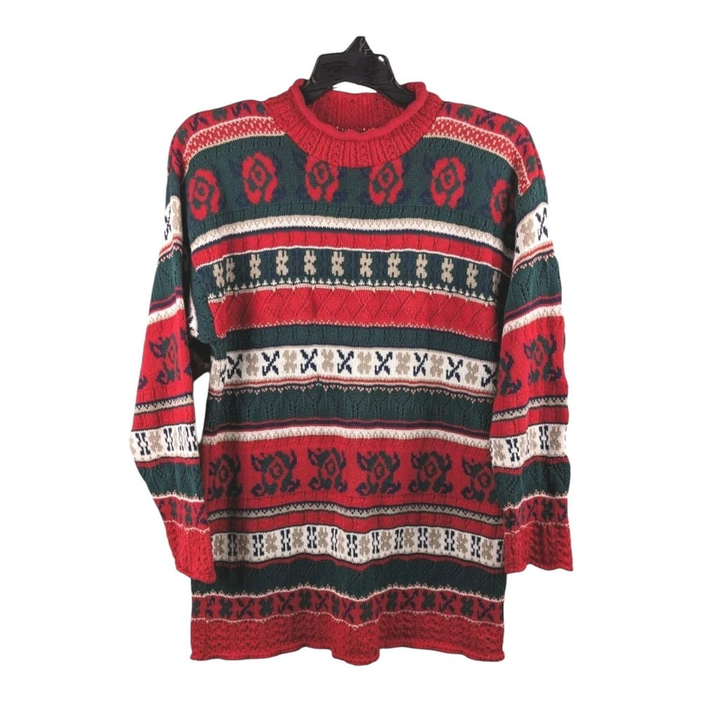 Express Tricot Sweater Womens Medium Red Green Floral Fair Isle Vintage 90s Cozy